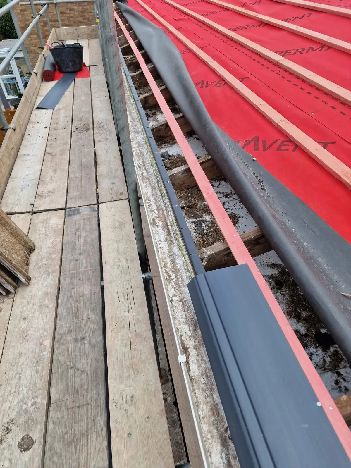 Breathable membrane and battens fitted during a re-roof in St Just